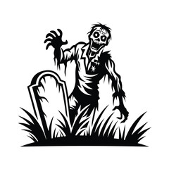 Silhouette Zombie Emerging from Grave in Cemetery, Tombstone, Grass, HorrorThemed