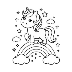 Kawaii Unicorn on Rainbow – Black & White Line Art with Sparkles