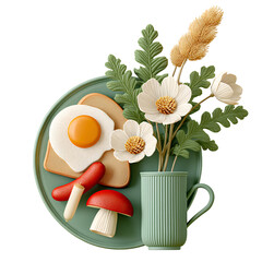 Stylized 3D Render of a Breakfast Scene with Fried Egg and Flowers