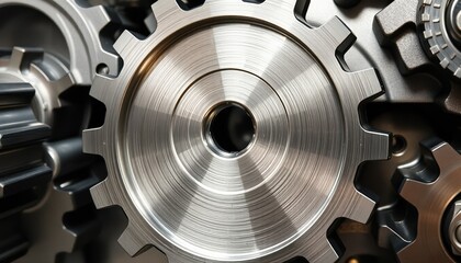 Close up of Shiny Metal Gears Interlocking in Complex Machinery Precise Engineering and Industrial Mechanics