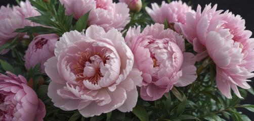 Fototapeta premium Full bloom peony bouquet; dew-kissed petals, fresh leaves , design, bouquet, blossom