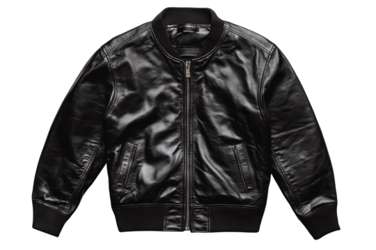 Stylish black leather bomber jacket classic design perfect fit glossy finish isolated on white
