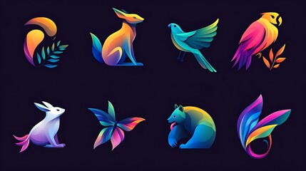 Colorful wildlife icon set with abstract fox, dolphin, butterfly, bird and creative modern animal logos picture
