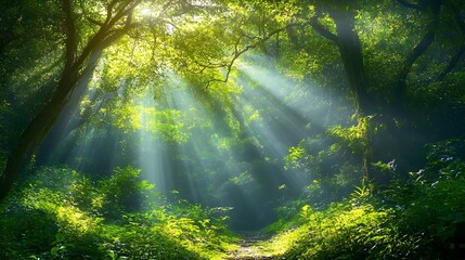Obraz premium A breathtaking scene of sunbeams illuminating a vibrant green forest path, creating a magical atmosphere.