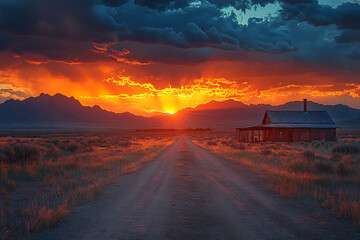 Abandoned house on the prairie at sunset with dramatic sky and mountains