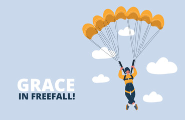 Cartoon vector illustration of a woman descending with a parachute, soaring through the sky like a free spirit in the wind