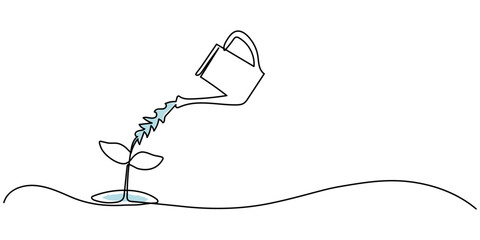 Continuous single line sketch drawing of watering can plant tree, watering tree continuous one line drawing.