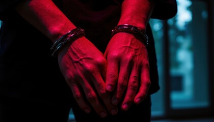 A person"s hands in handcuffs under red lighting, suggesting arrest or detention.