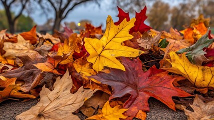 Autumn forest path covered in bright fallen leaves