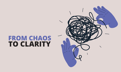 Vector illustration of hands untangling a knotted ball of thread, like unraveling a puzzle of challenges