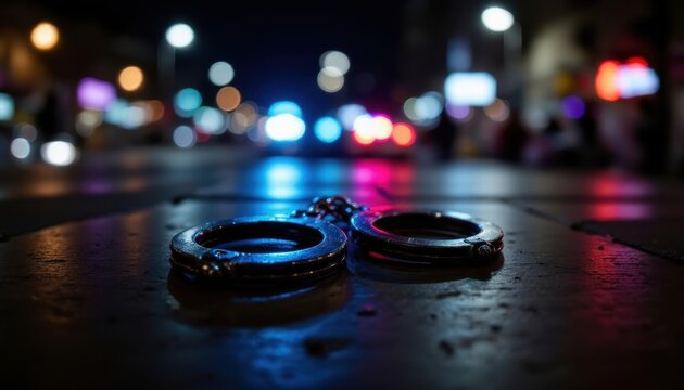 Handcuffs on a city street at night with blurred police lights in the background.