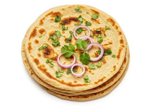 Stack of paratha flatbread with onion rings and cilantro on white backdrop