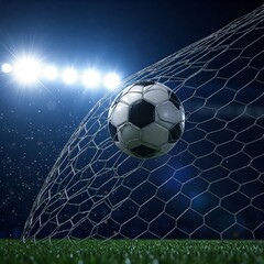 Fototapeta premium A soccer ball is in a goal net on a grassy field, with bright stadium lights in a dark blue background.