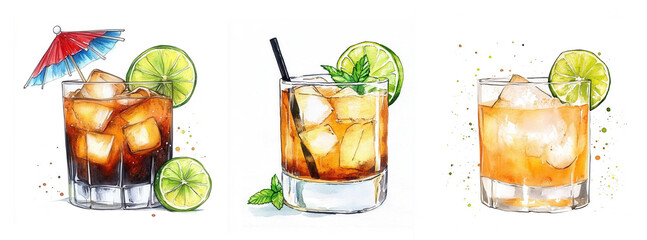 Three Mai Tai cocktails with ice cubes, lime slices, mint and paper umbrella garnish. Watercolor illustration on white background. Classic tropical rum drink. Design for menu, card, invitation