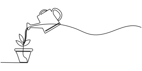 Continuous single line sketch drawing of watering can plant tree, watering tree continuous one line drawing.