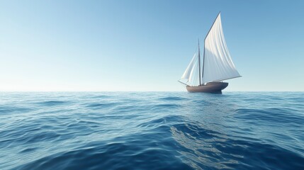Fototapeta premium A lone sailboat with white sails glides across a calm, blue ocean under a clear sky.