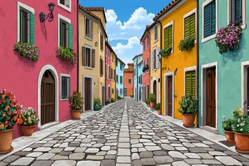 Fototapeta premium Charming Cobblestone Street with Colorful Buildings and Flower Pots