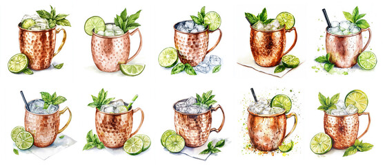 Moscow Mule cocktail served in copper mugs with ice, lime slices, mint leaves, and straws. Watercolor illustration collection on white background. Summer drink and bar menu concept. 