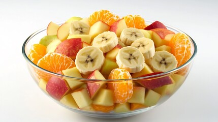 Fresh fruit salad featuring diced apples bananas and oranges in a glass bowl arranged on a white background with vibrant colors
