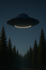 Ufo over the dark night forest in the star sky