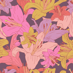 Vintage seamless pattern with hand drawn lily flowers on dark purple background. Boho floral repeat wallpaper. Vector illustration
