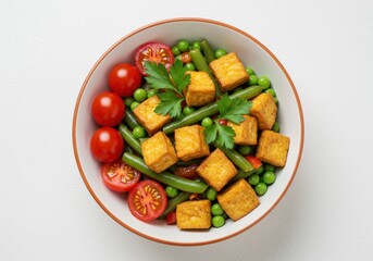 Bowl of tofu with green beans peas and tomatoes on white background