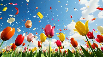 Colorful tulips field with petals falling