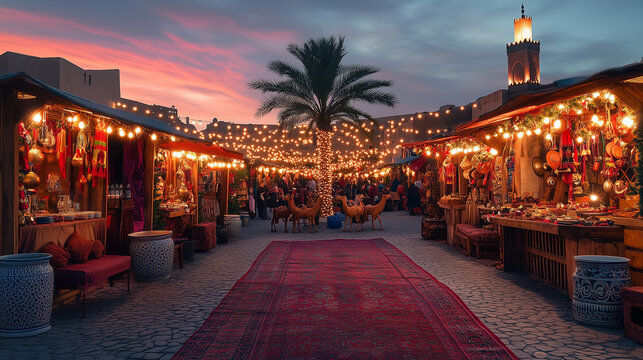 Blurred background of a vibrant Arabian night market or souk at sunset. Atmospheric scene with warm lights, a palm tree, and traditional carpets