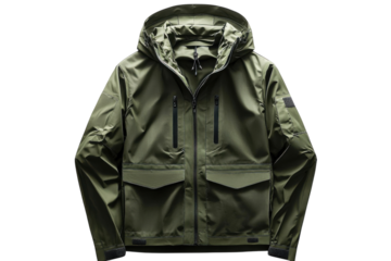 Rugged olive green hooded jacket stylish outdoor wear multiple pockets zip up front perfect for