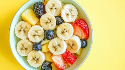 Fresh fruit salad with banana slices as the focal point set against a bright yellow background