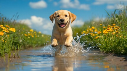 Adorable Golden Labrador Puppy Enjoying a Splash in Shallow Water