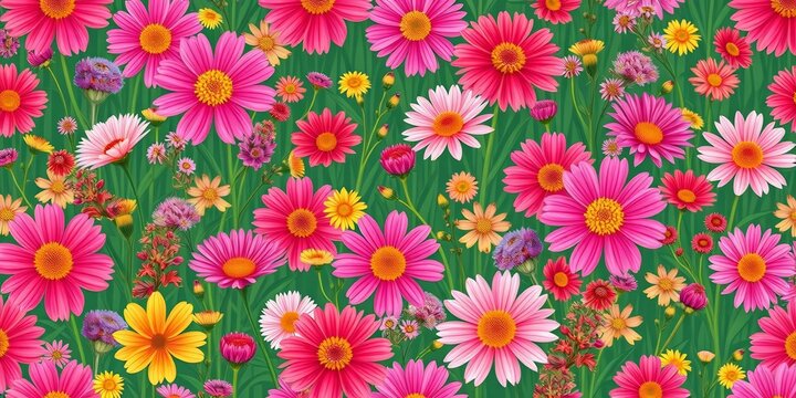 Vibrant kosmea wildflowers in a seamless pattern, ideal for fashion & home decor, repeat, blossom