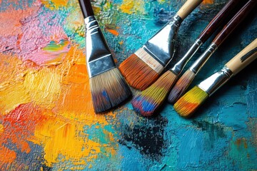 Obraz premium Students explore abstract expression using colorful palettes and paintbrushes in a modern fine art school setting