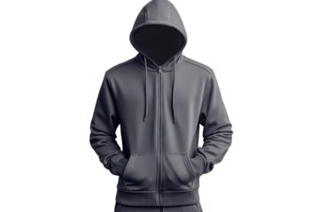 Mysterious figure in a dark grey zip up hoodie hands in pockets against a plain white background