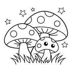 Illustration of Three Mushrooms in a Forest Setting for Coloring Activities