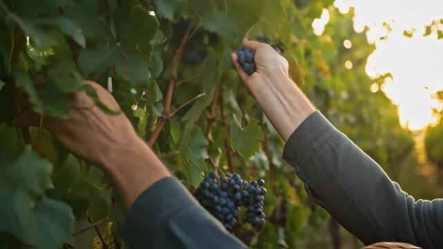 Man harvesting ripe blue grapes in vineyard at sunset. Winemaking process, grape picking for wine production. Agricultural work in autumn season
