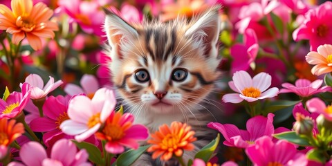 Adorable kitten amidst vibrant summer blooms, close-up, flowers, petals