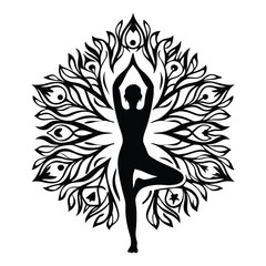 Silhouette Figure Balancing with Floral Ornament, arms Raised Overhead, on White Background