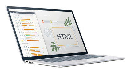 Sleek laptop displaying screen with HTML code and design elements, symbolizing web development and coding. interface includes colorful code snippets and modern design layout