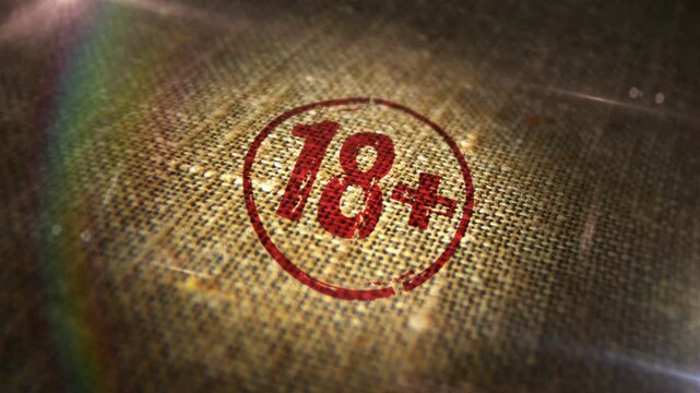 18 plus adults only age prohibition sign stamp on natural linen sack. Under eighteen restricted 3D  design abstract concept. Looped and seamless animation.