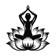Lotus Flower Meditation Pose Silhouette. Calm Person on Spiritual Flower Art