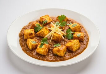 Paneer butter masala dish with ginger strips and cilantro garnish on plate