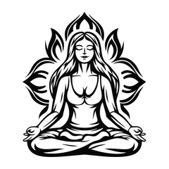 Meditating Woman Silhouette with Lotus Flower Backdrop in Black and White Outline