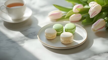 A delightful arrangement of macarons, tea, and tulips, capturing a tranquil moment of pleasure.