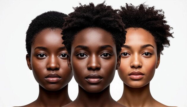 A Group portrait showcases three beautiful african american women with different skin tones against a clean white background, promoting diversity and beauty