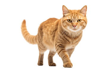 Beautiful Ginger Cat Walking Towards Camera on Clean White Background – Full Body Domestic Cat Image