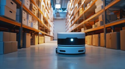Autonomous robot navigating a warehouse aisle filled with stacked boxes on shelves for inventory management