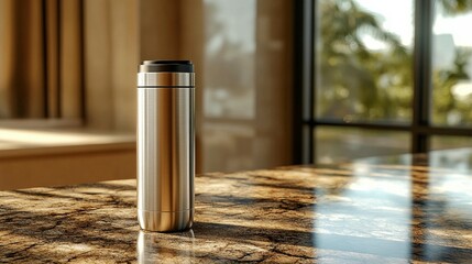 Sleek silver thermos sits on a marble countertop, sunlight streaming through a window.