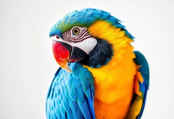 Fototapeta premium Vibrant blue-and-gold macaw perched on white, exotic bird, blue, macaw