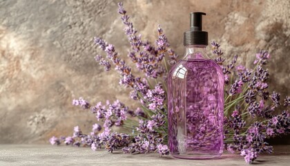 Lavender-scented liquid soap dispenser on a stone surface.